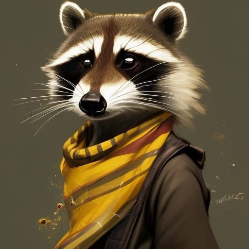 Raccoon Wizard with Hufflepuff Scarf in Art Nouveau Style