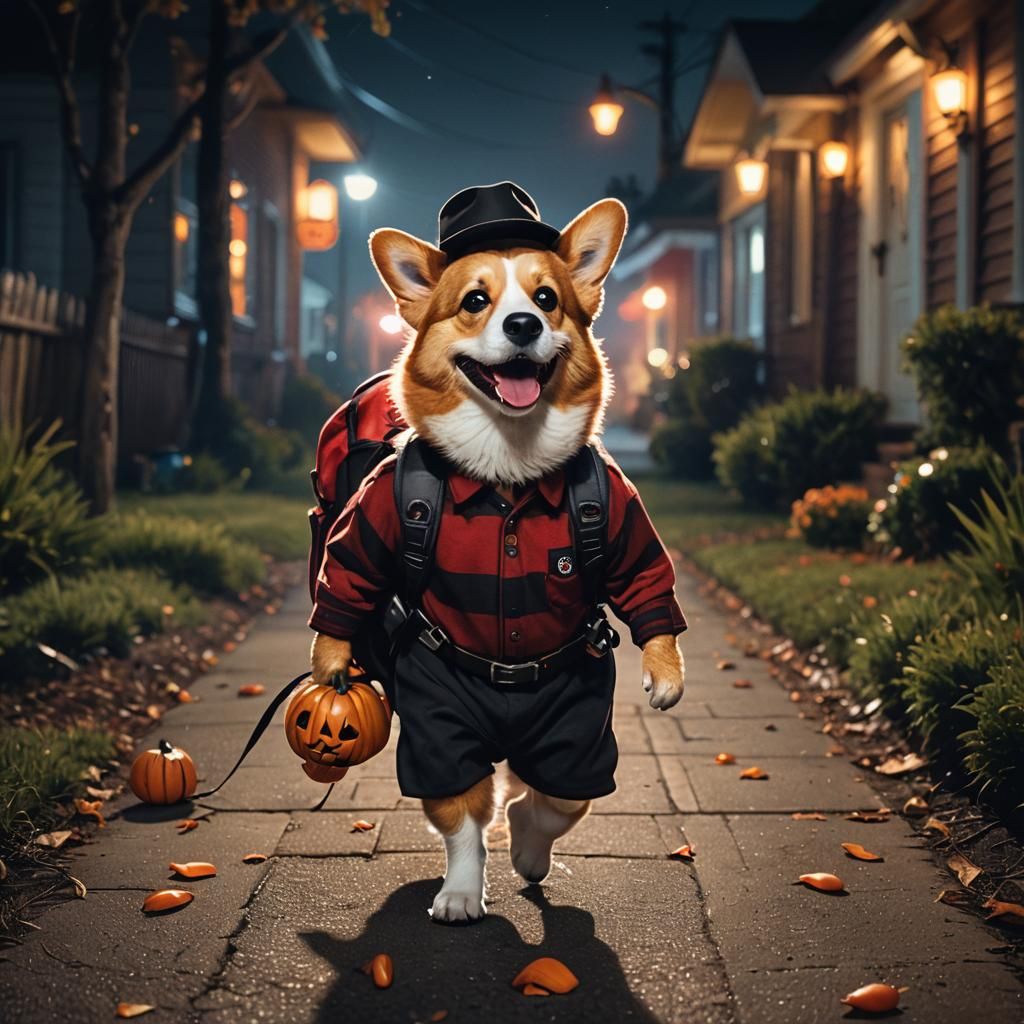Corgi Dog as Freddy Krueger in Halloween Horror
