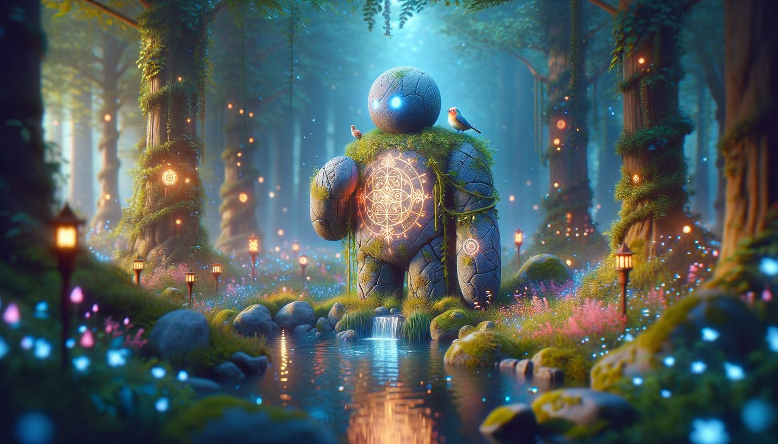 Stone Golem Guardian in Enchanted Forest Clearing