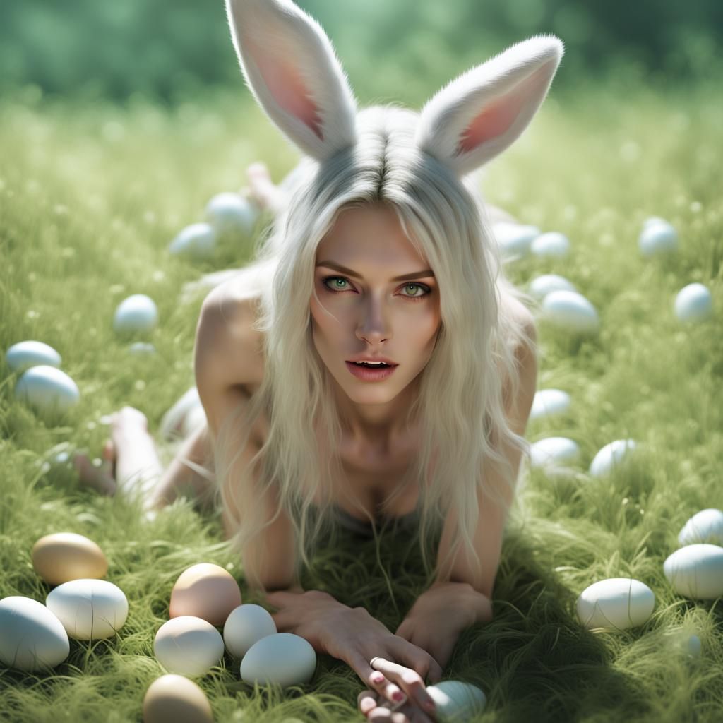 Woman with Rabbit Ears in Lush Meadow, Artgerm Style