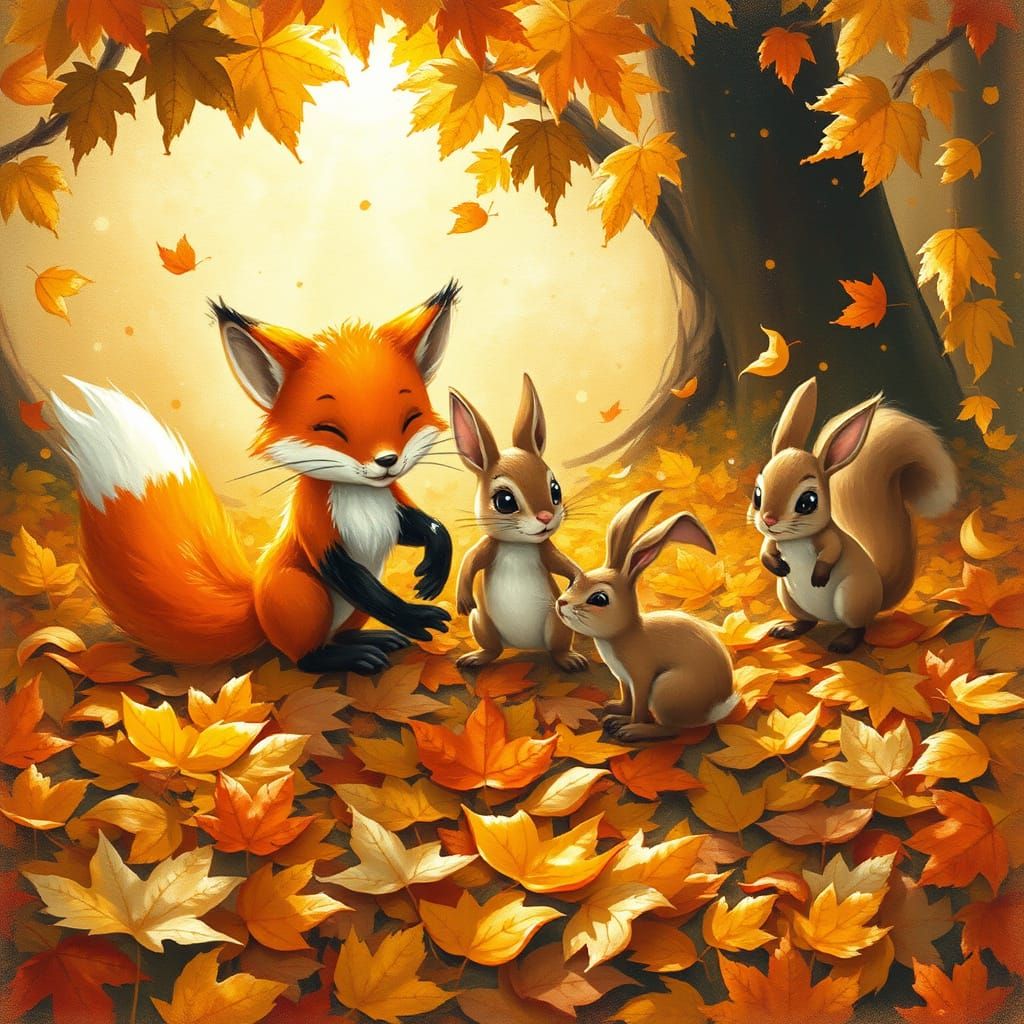Woodland Animals Play in Autumn Leaves Gouache Painting
