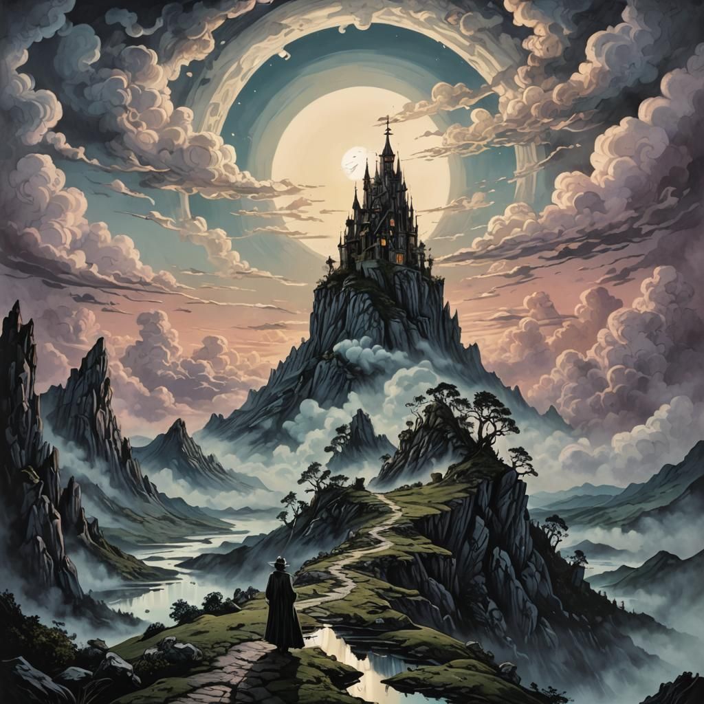 Wizard Casts Wind Spell at Dawn: Tim Burton Style