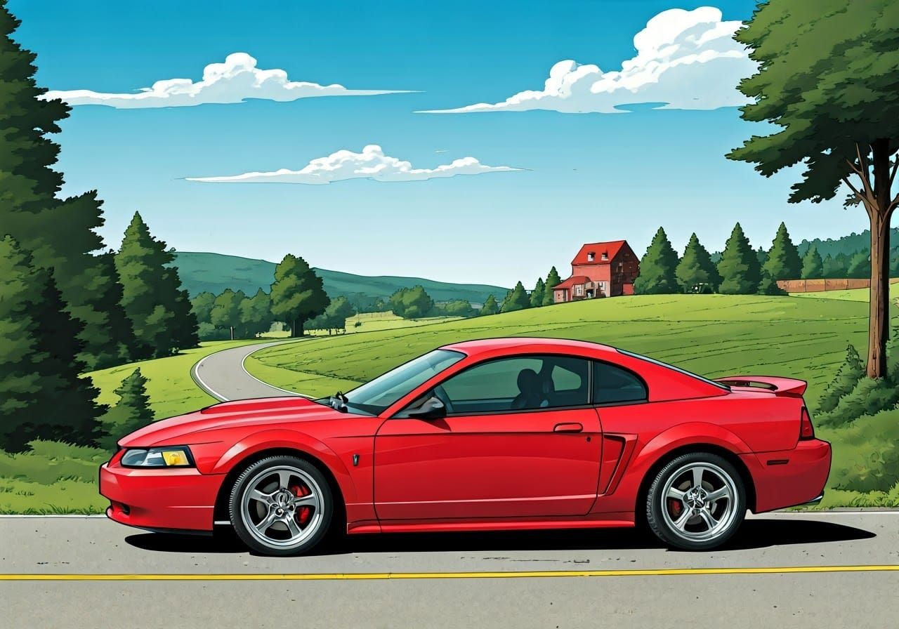 Dynamic Red Mustang GT in Comic Book Art
