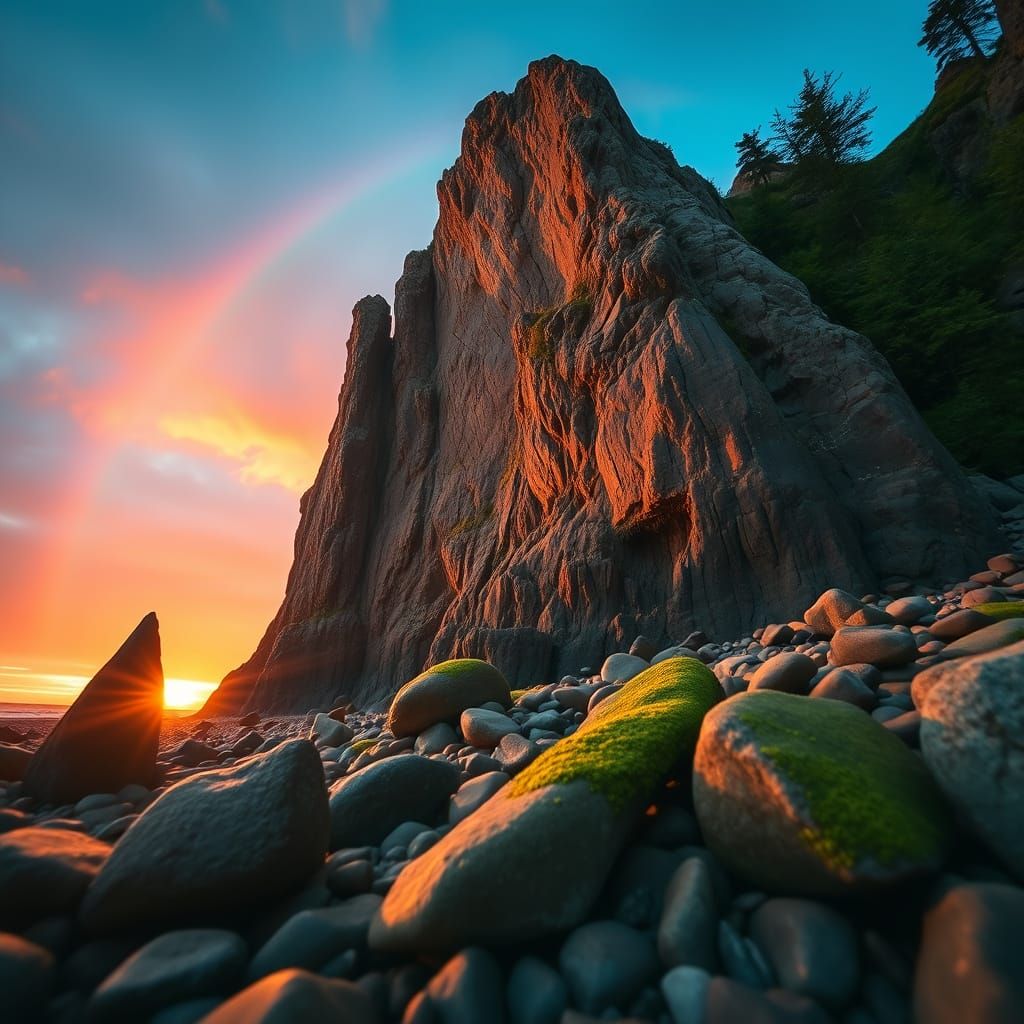 Majestic Rocky Beach at Sunset with Rainbow