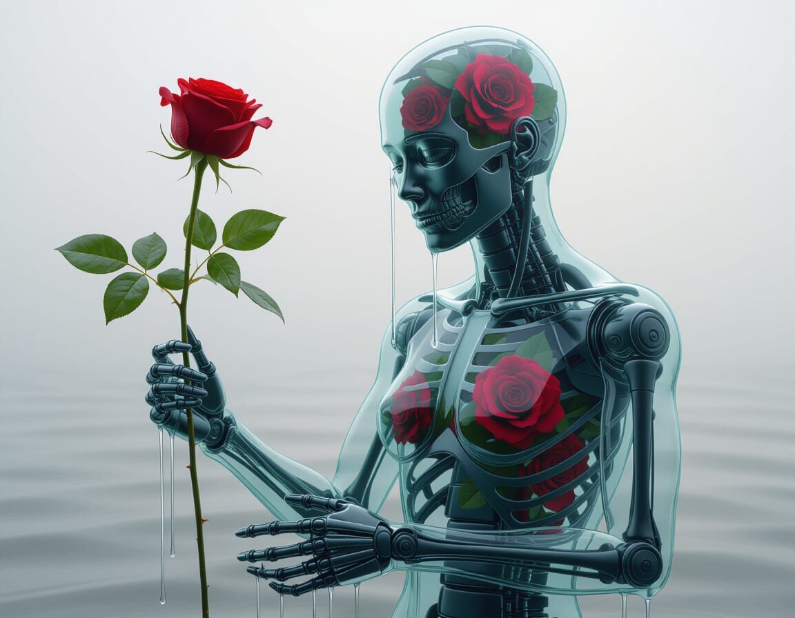 Translucent Android Weeps Holding a Rose