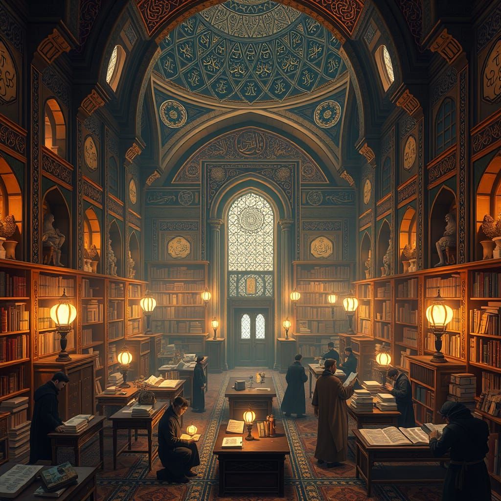 Grand Library in Baghdad: Ghibli-Style Intellectual Pursuit