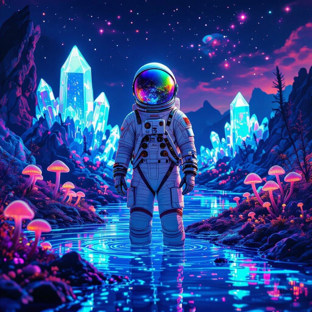 Psychedelic Cosmonaut on Alien Crystal Landscape