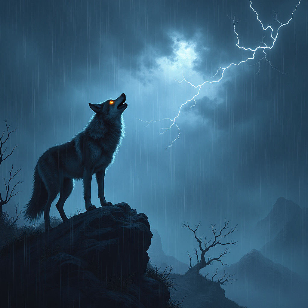 Wolf Howling During a Thunderstorm, Digital Matte Painting