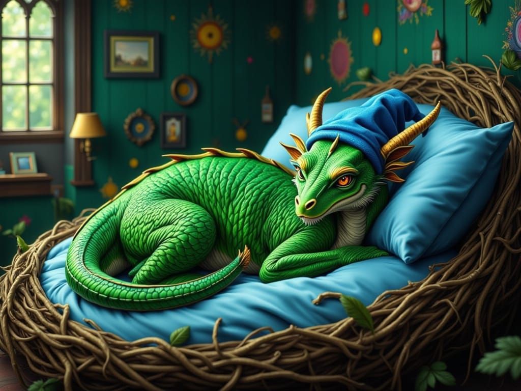Green Dragon Curled Up Sleeping, Franklin Booth Style