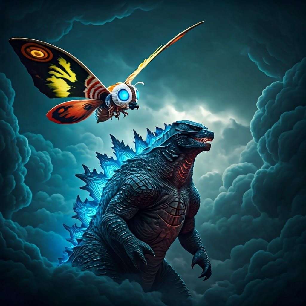 Mothra and Godzilla in Bioluminescent Fantasy Art