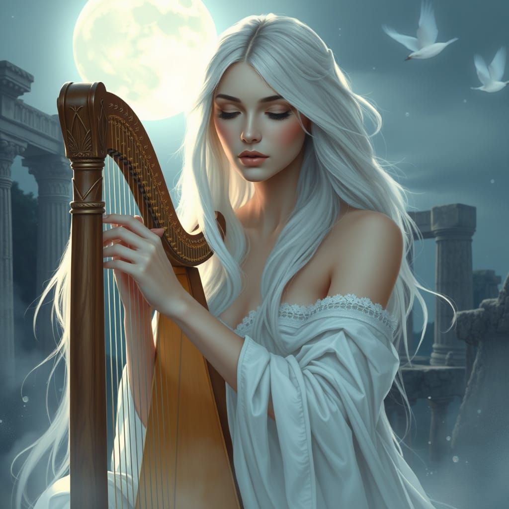 Ethereal Woman Plays Harp Under Moonlit Ruins in a Magical S...