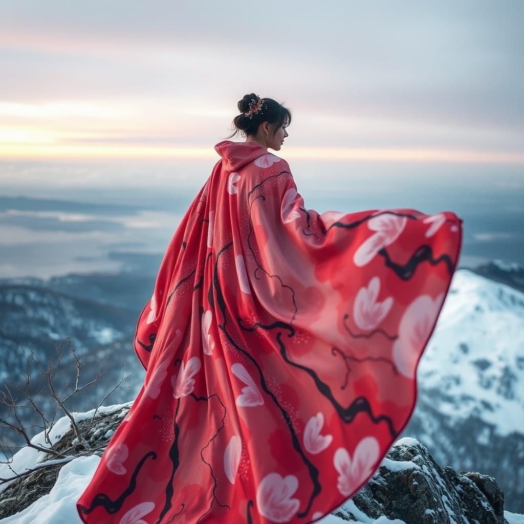 Woman with Silk Cape on Snowy Mountain