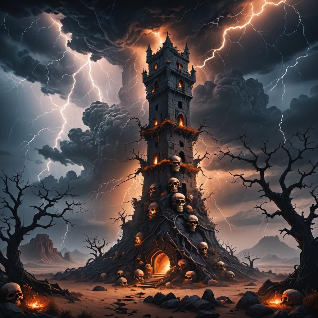 Skull Tower on Desert Island in Dark Fantasy Art