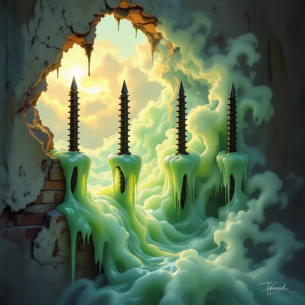 Luminous Green Goo Dripping From Giant Screws in Ethereal Mi...