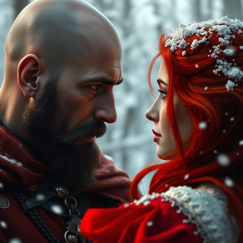 Medieval King Confronts the Red Woman in Winter Landscape