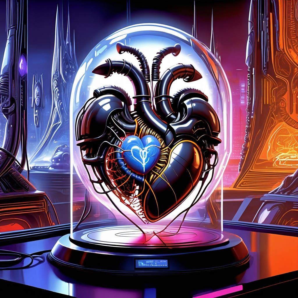 Biomechanical Heart in Glass Case, Digital Painting
