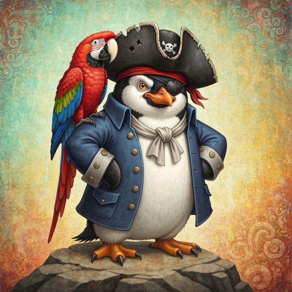 Pirate Penguin and Macaw in Whimsical Style
