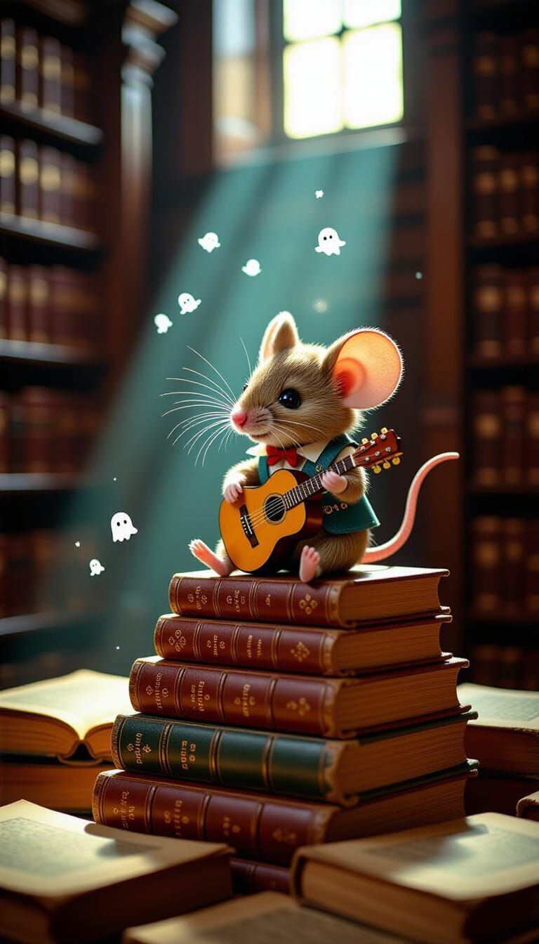 Rocker Mouse Pondering Secrets in Dusty Library