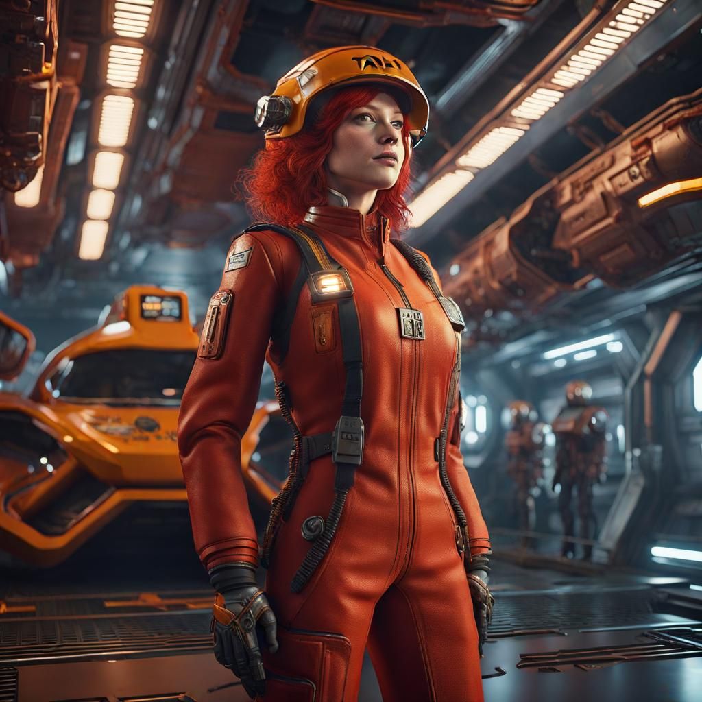 Futuristic Redhead Taxi Driver in Sci-Fi Cargo Hold