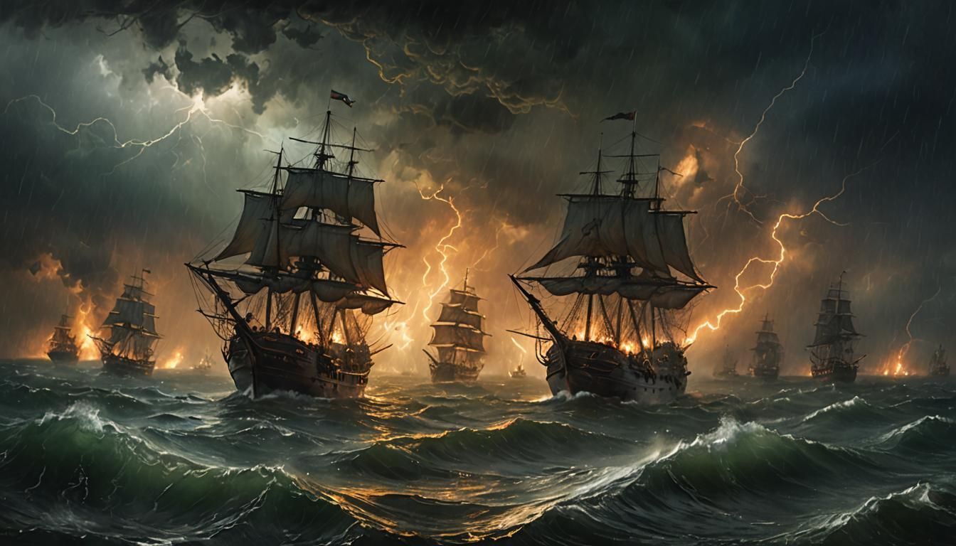 Pirate Ships Battle in Apocalyptic Storm, Tonalist Style