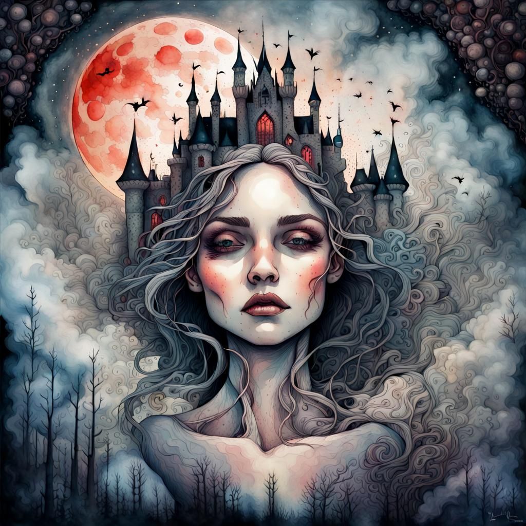 Gothic Castle Blood Moon in Surreal Watercolor Style