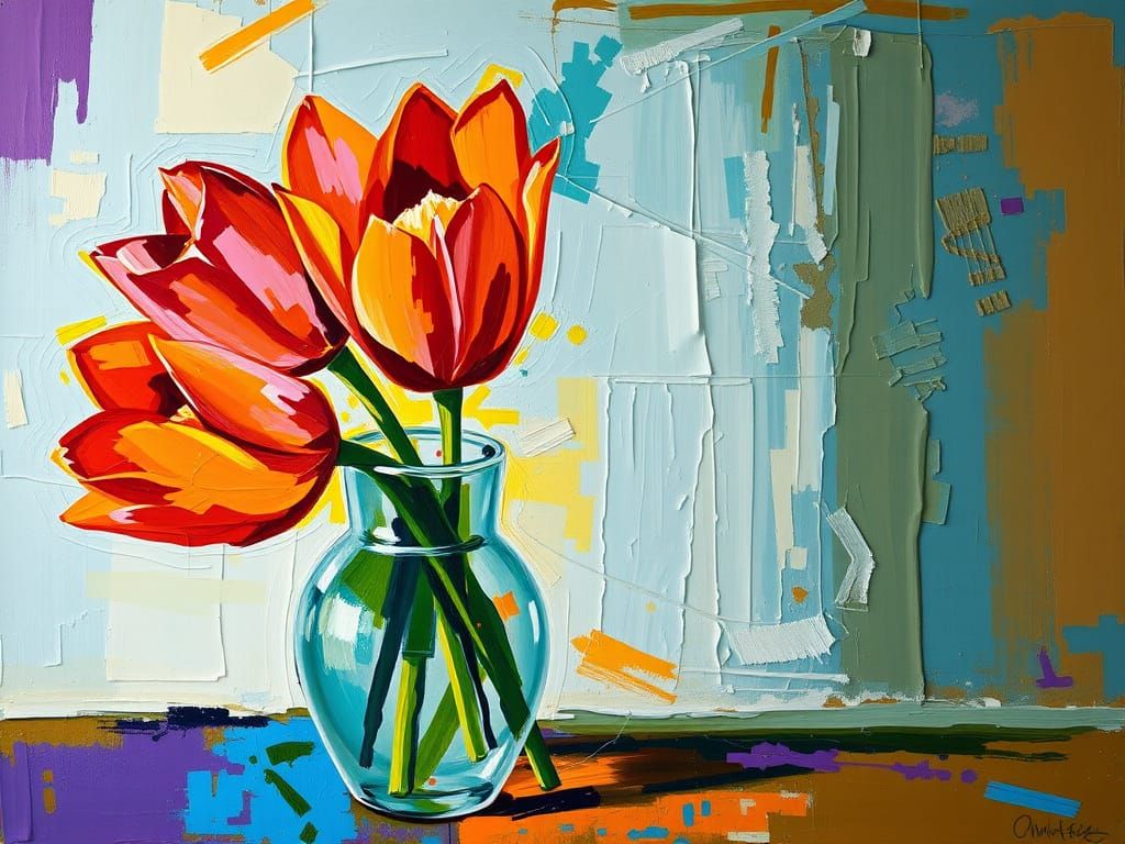 Abstract Tulipiere Vase Still Life in Impasto Style