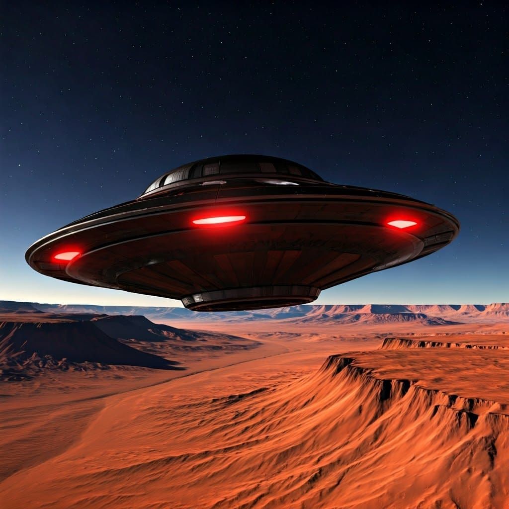 Black UFO Soaring Over Mars in the Night Sky