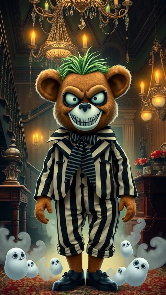Beetlejuice Teddy Bear in Gothic Whimsy Style