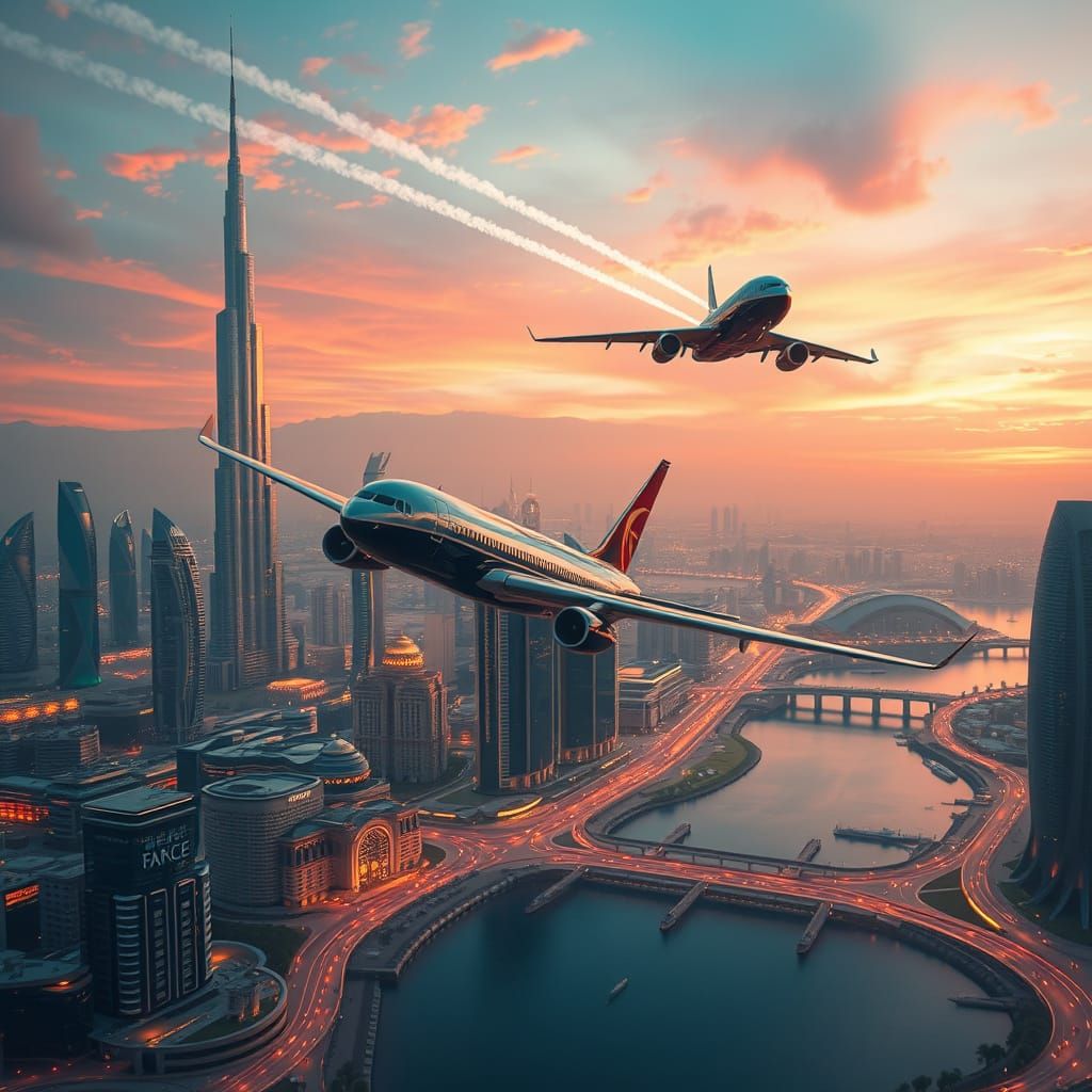 Fantastical Dubai Cityscape at Dusk in a Cyberpunk Aesthetic
