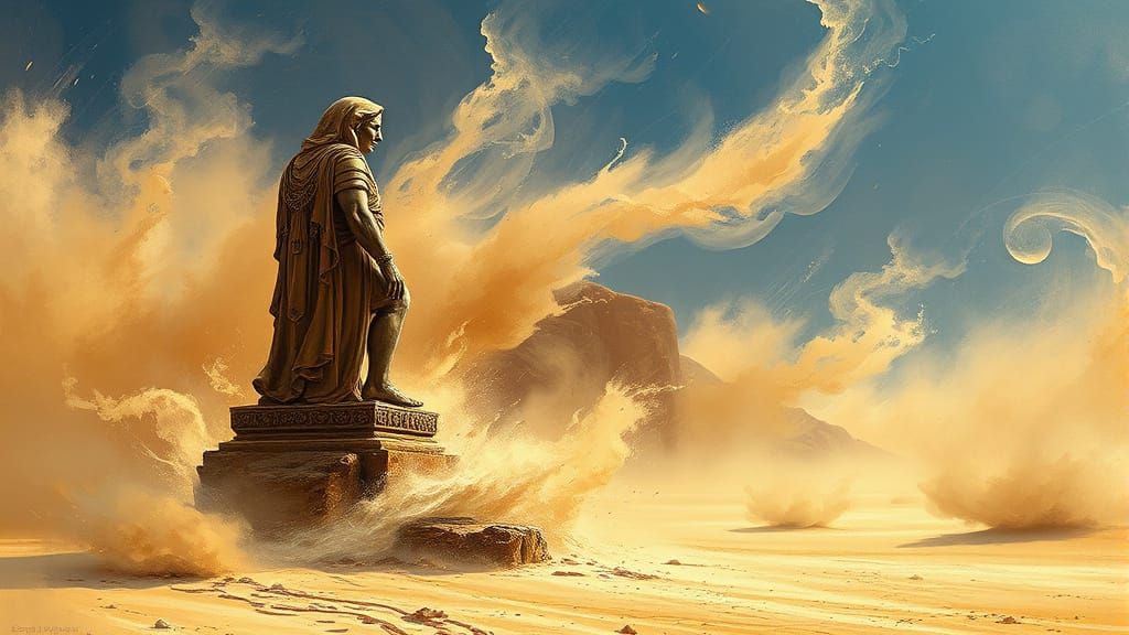 Ancient Desert Statue in Turbulent Sandstorm