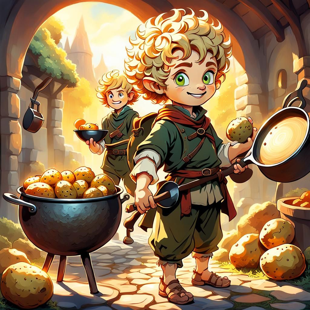 Cheerful Halfling Rogue with Potato, Fantasy Illustration