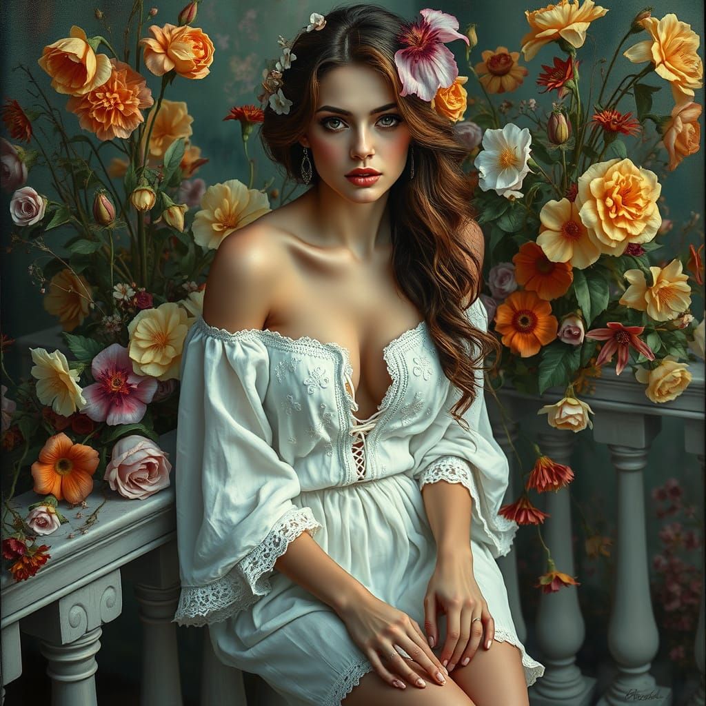 Woman in Embroidered Dress Surrounded by Flowers