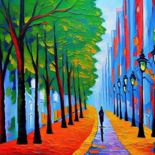 Illuminated Street in Expressionist Oil Painting Style