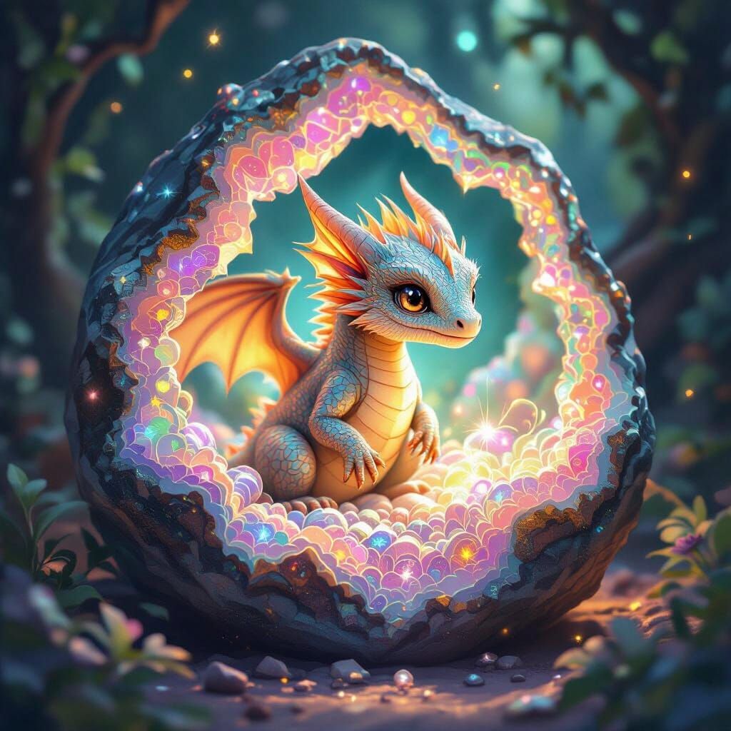 Iridescent Dragon Hatchling in Art Nouveau Style