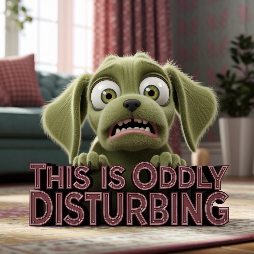 In a cozy living room setting bathed in warm, inviting light, a peculiar, green Pixar-style cartoon puppy sits with a wi...