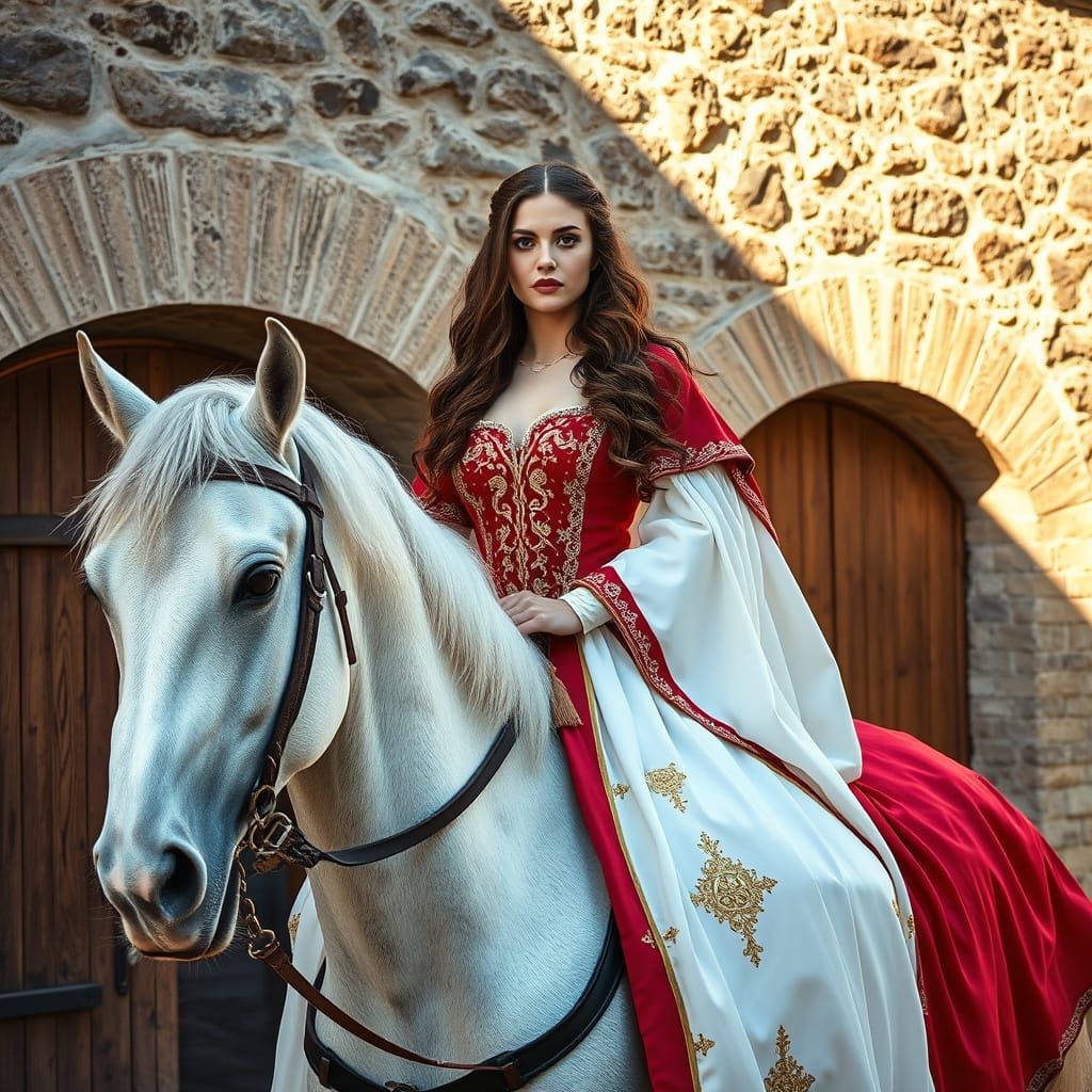 Woman on White Horse in Medieval Setting