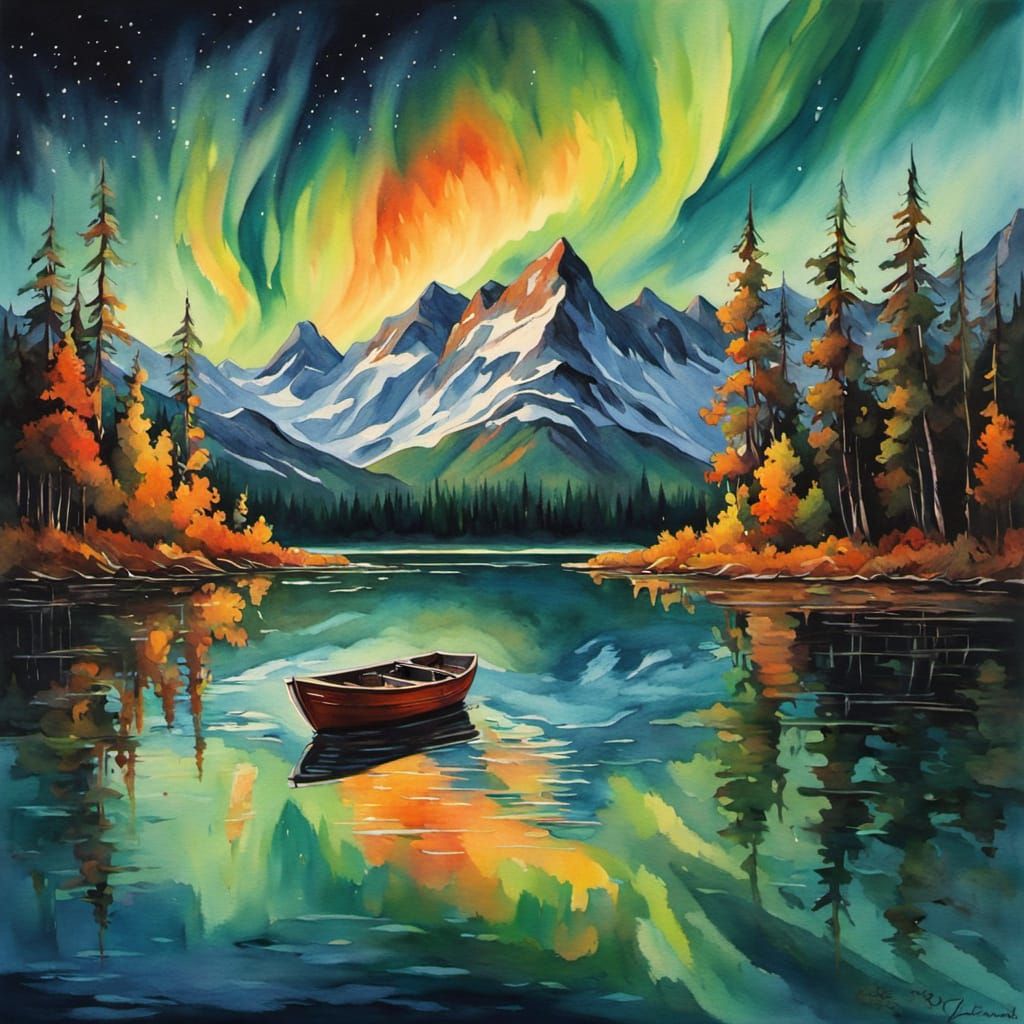 Vibrant Autumn Lake Sunset With Northern Lights