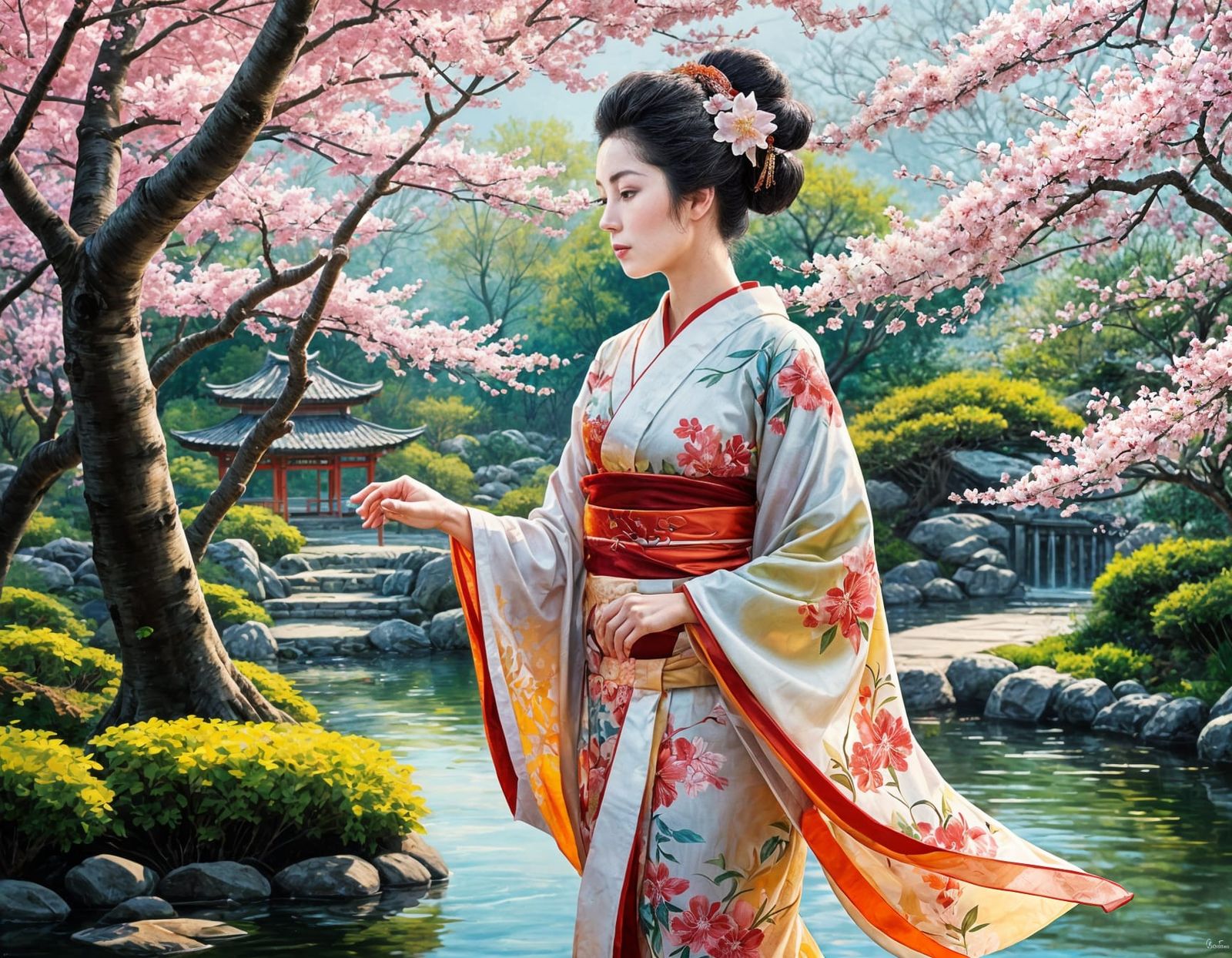 Geisha in Cherry Blossom Garden: A Vibrant Painting