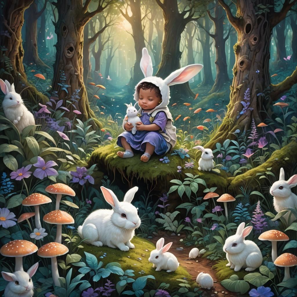 Baby Cuddles Rabbit in Whimsical Forest