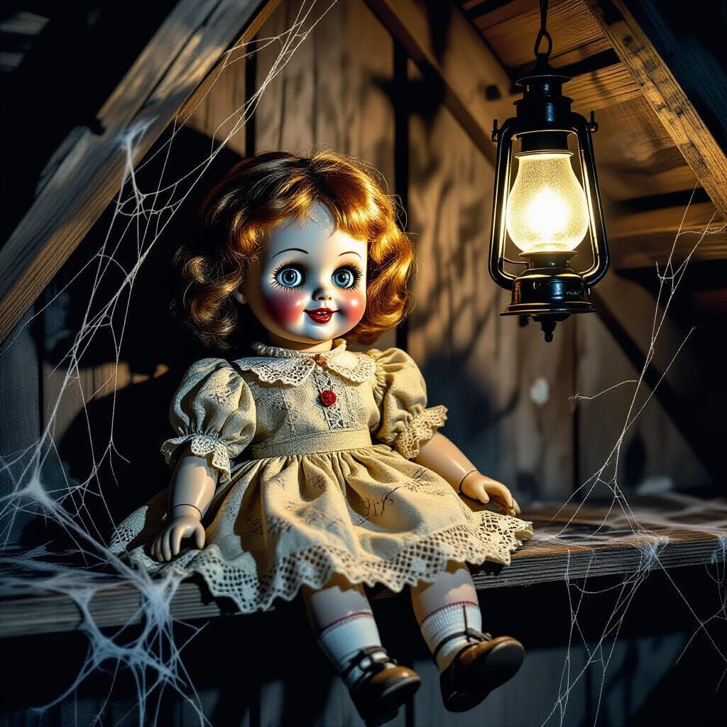Creepy Porcelain Doll in Dusty Attic, Horror Comic Style