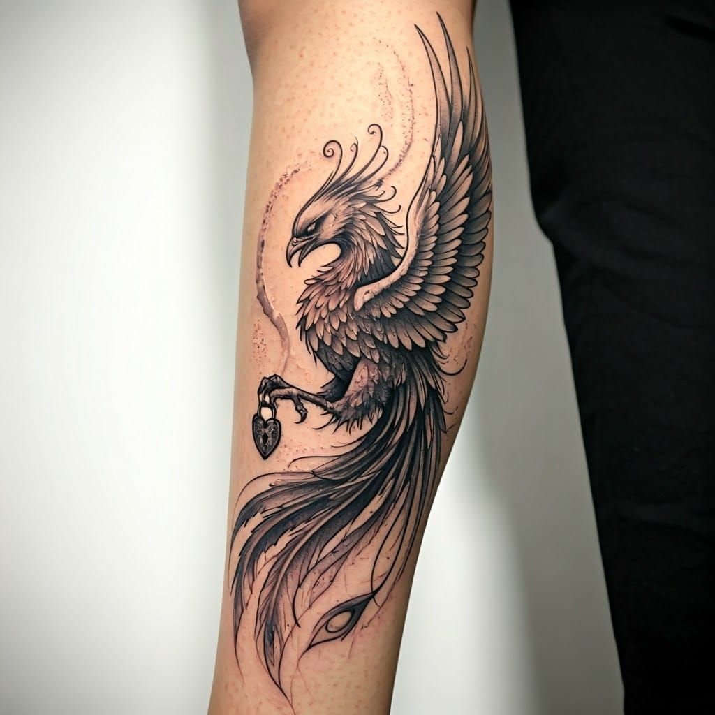 Phoenix Tattoo Gripping Padlock, Freehand Sketch