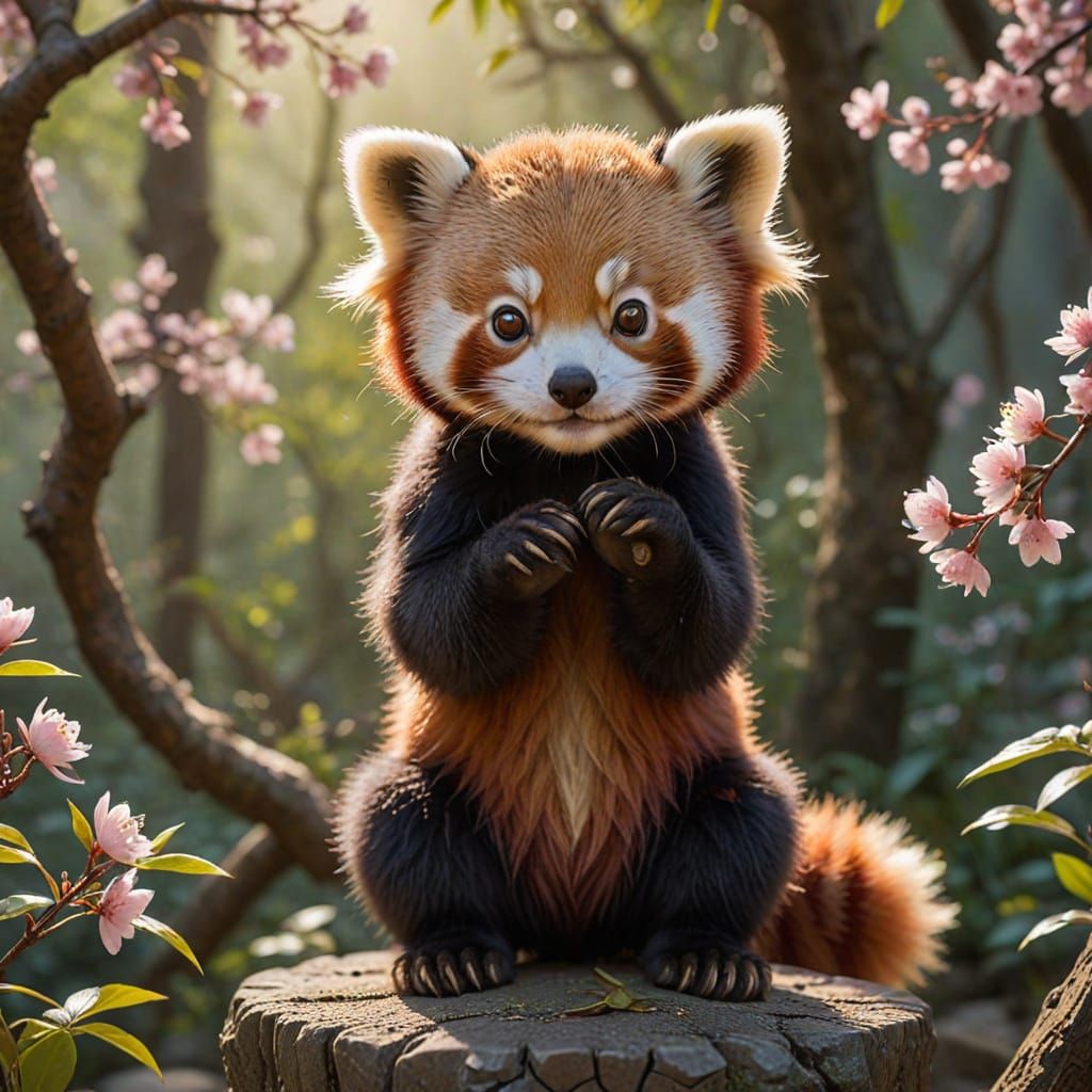 Whimsical Baby Red Panda in a Lush Cherry Blossom Garden