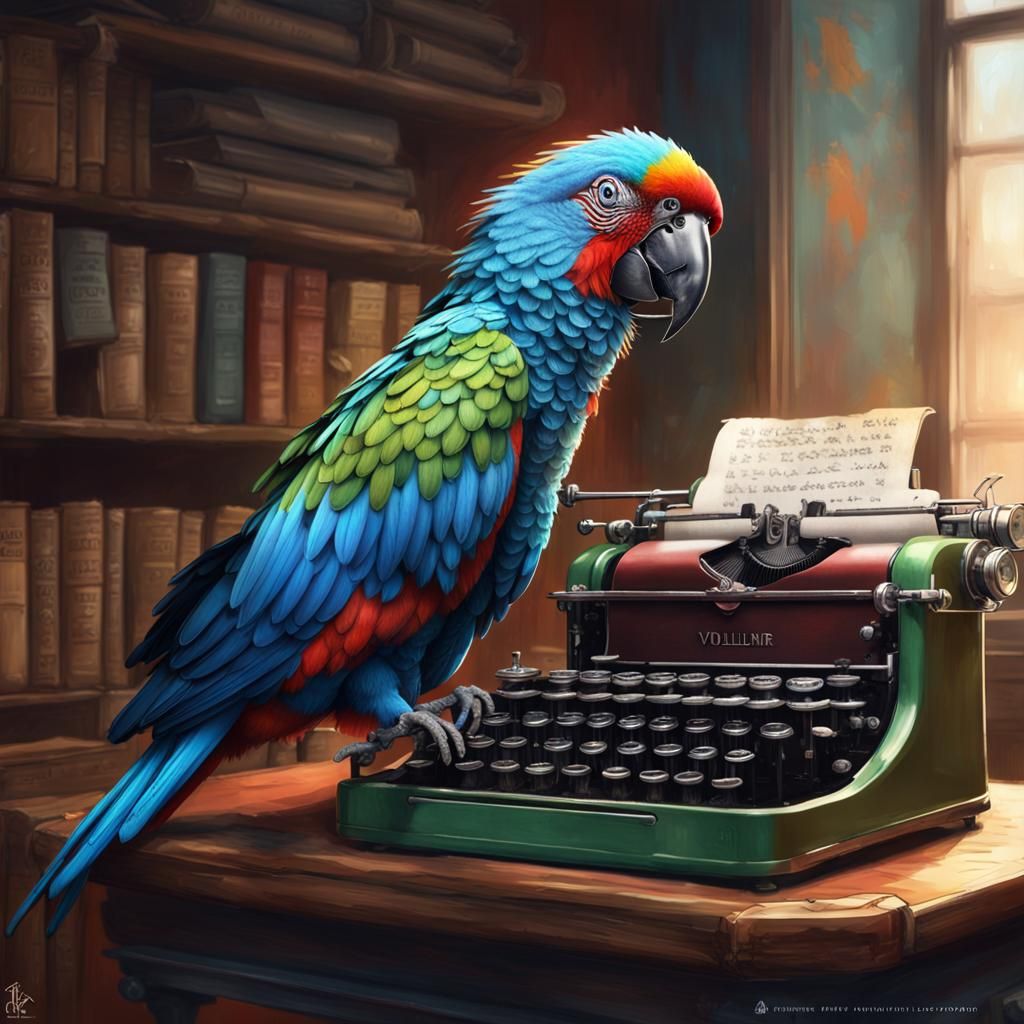 Parrot Journalist: Hyperdetailed Portrait with Typewriter