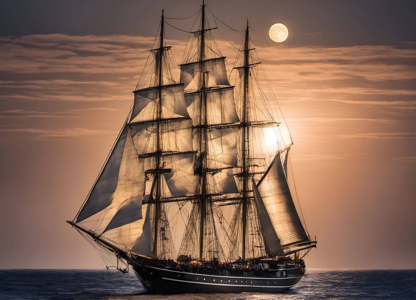 Full-Sailed Tall Ship at Moonrise: Photorealistic HDR