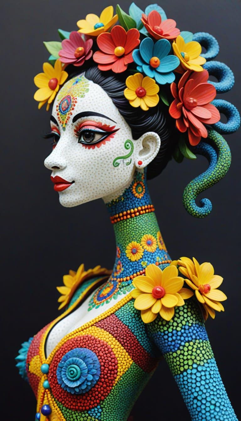 Pointillist Alebrije Courtesan: Whimsical Extravaganza