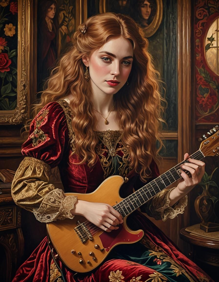 A beautiful young Victorian Woman playing an electric guitar in her house, shy smile, half body portrait