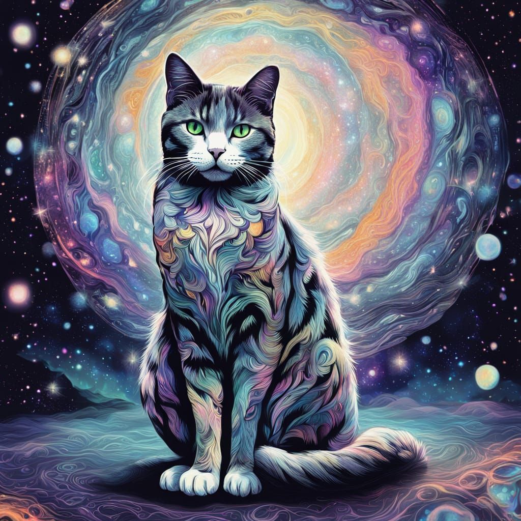 Dreamy Cosmic Cat Illustration in Mixed Media Style