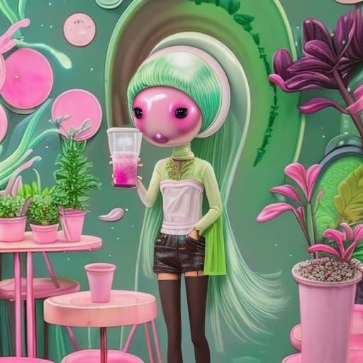 Cute doll-faced alien holding a cup of pink juice at an alien juice bar