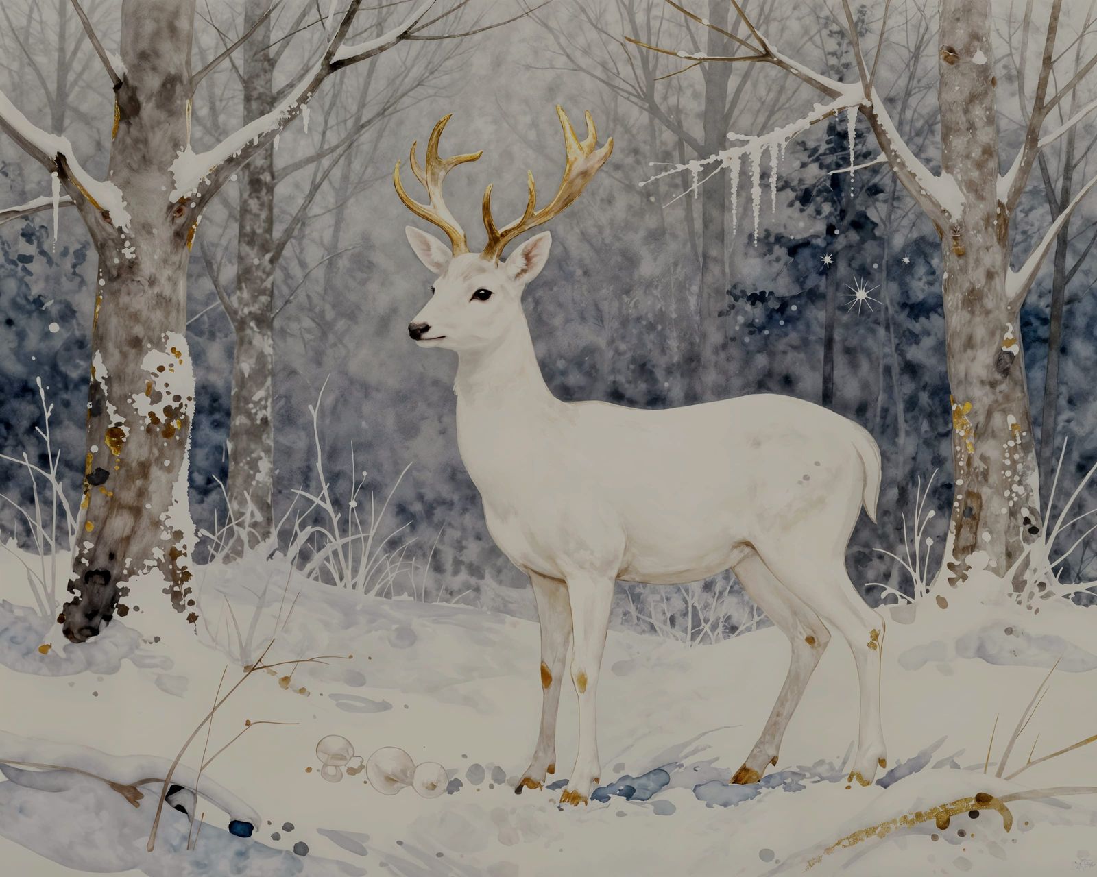 Regal White Deer in Frosty Winter Forest