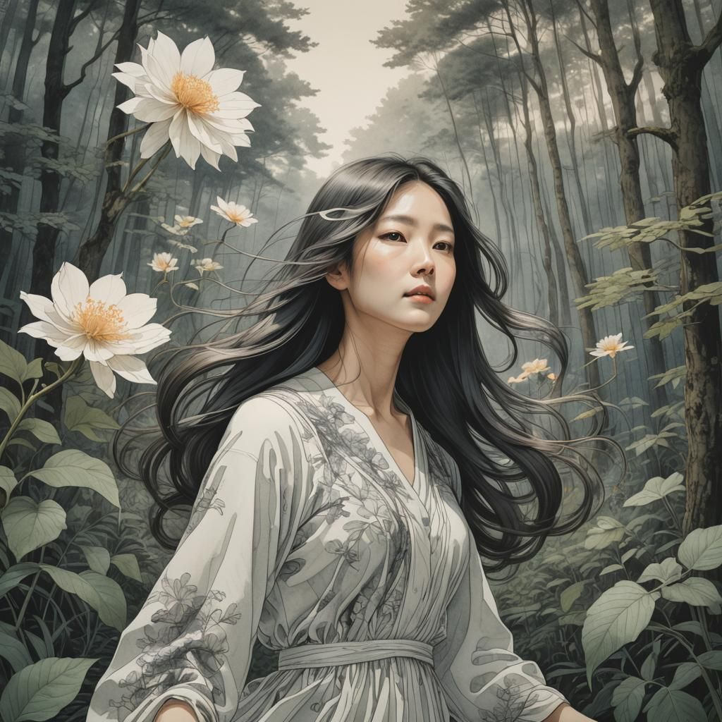 Woman with Flower in Etched Forest Scene